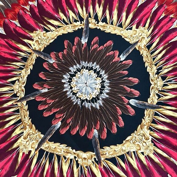 Echo Feather Pow Wow Silk Scarf Feather Pattern Red Taupe Black Gold Details - Picture 8 of 12